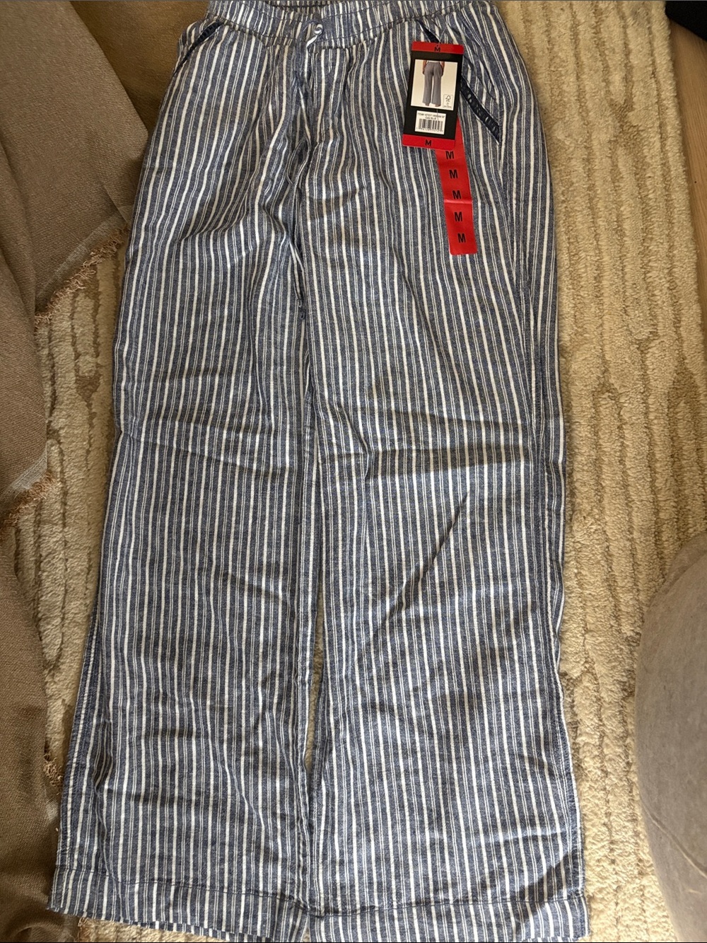 Brittany Black Wide Leg Striped Pants in Blue & White Size Medium NWT